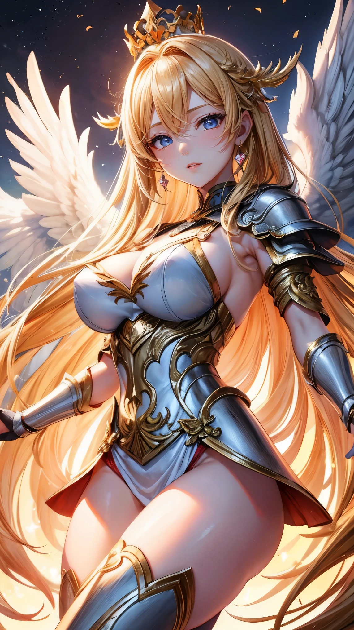 Qian Renxue, Young woman, deityธิดา, six wings, Golden wings, angel wings, long blonde hair, open forehead, crown forehead jewelry, crown on back of head, The eyes are detailed., light blue eyes, big breasts, golden chest armor, silver forearm armor, ดาบdeityสีทอง ยืน, Perfect Body, Beautiful thighs,solid frontal armor, high-heels, deityนิยาย, deity, realistically