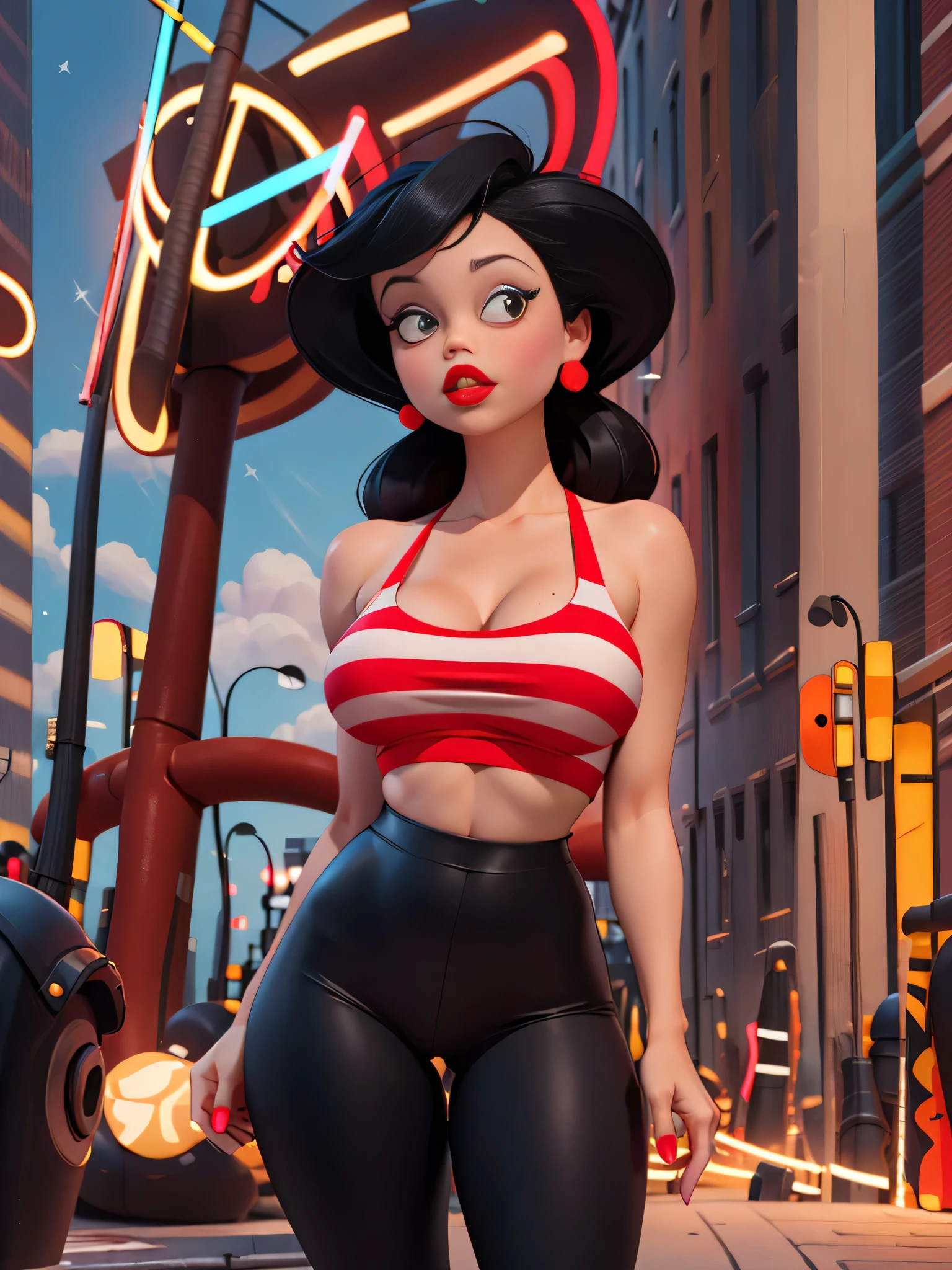 Masterpiece, best quality, ultra detailed, beautiful woman, black  hair,   perfect body with big breasts and big thighs, she wears a horizontal red-white striped mini top with a low chest and bare shoulders, she wears very tight black leggings,  