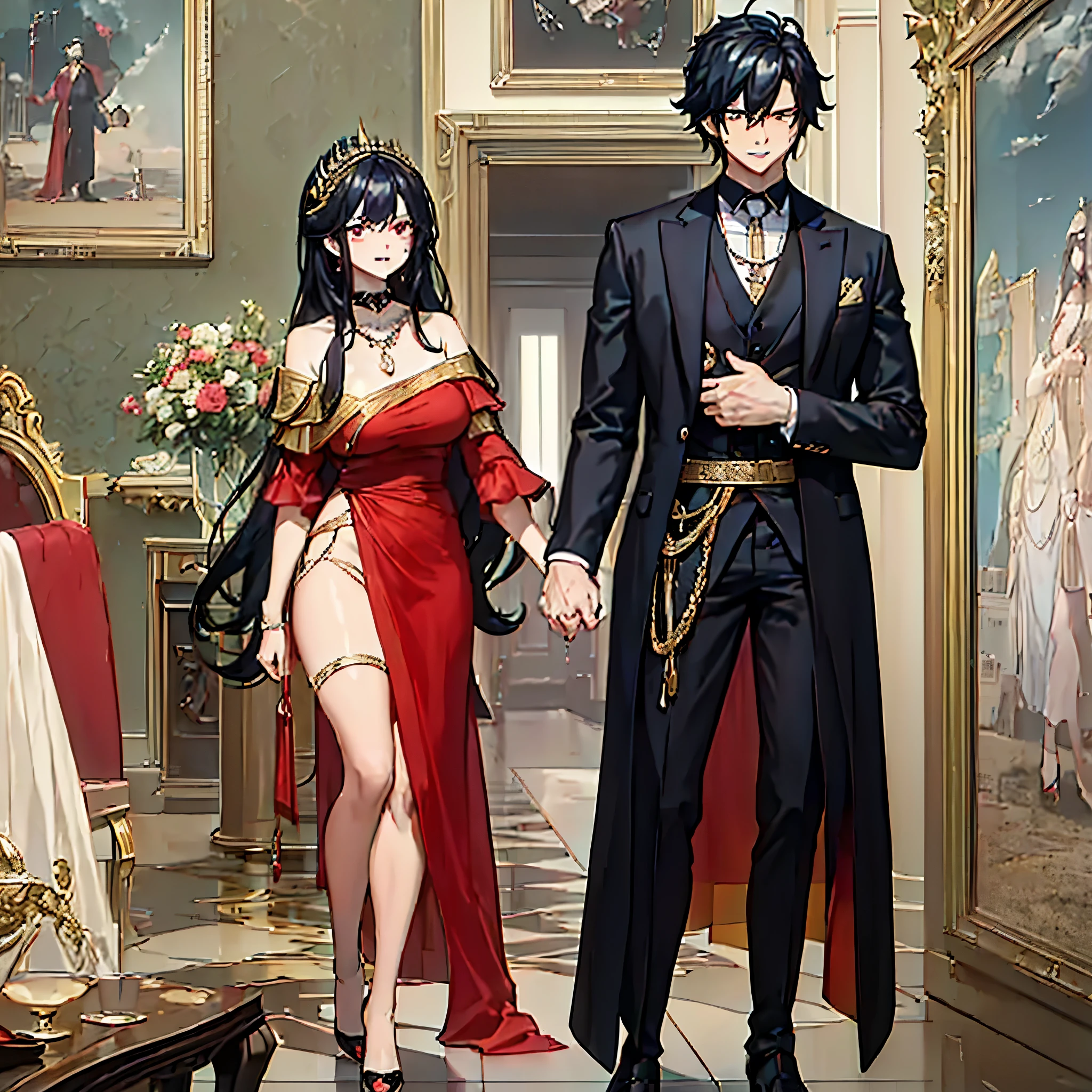 A man with his wife holding hands, Mman wearing black suit, black pant hat, black hair, black eyes, muscular, black dress shoes, smiling, perfect face, perfect eyes) (Woman wearing red dress, exposed thigh, exposed shoulder, big breasts, long brown stockings, black hair, long hair,ahoge hair, red eyes, red necklace around the neck, golden barrette in the hair, perfect face, holding hands with the man.), in a luxurious room Spacious with marble floors, large glass windows, artistic painting on the wall.HDR, ultra resolution, well defined, masterpiece, 8K HD. (just a man and a woman)
