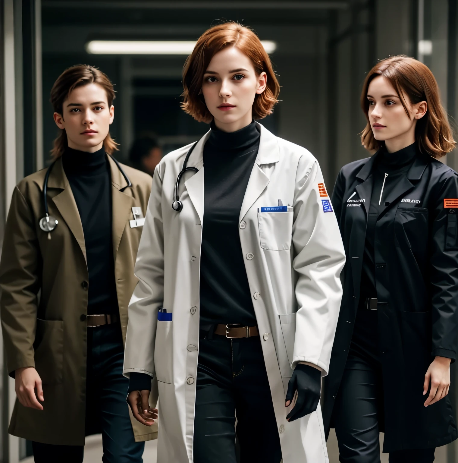 Masterpiece, Best Quality, Ultra-Detailed, 1girl, woman, female, 28 years old, ginger hair, red hair, short hair, light brown eyes, pale skin, skinny, athletic, gray medical coat, multi pocket medical coat, sci-fi medical coat:1.0, futuristic medical coat:1.0, sci-fi coat, futuristic coat, looking at the viewer