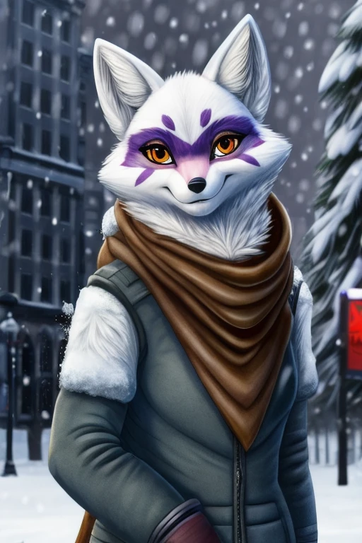 Alopex, arcticfox, tmnt, orange eyes, girl1, solo, snow, city, brown scarf