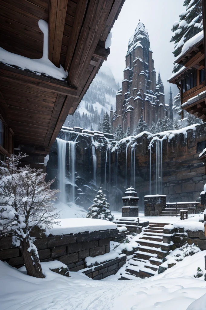 stone city inside of a snowy mountain, from outside
