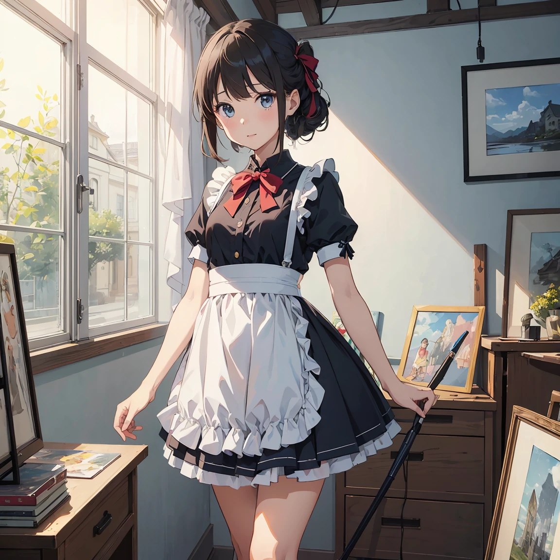 (One Girl, alone:1.4), Girl in light blue maid outfit,cute, (Little:1.6),cute女の子が初めて絵を描く感動的な瞬間を描いています。she、interior of art studio、Stand in front of the canvas、Pick up the brush。In those eyes、A mixture of expectation and a little anxiety。 background、Masterpieces and art tools are carefully depicted.、They will enjoy this special moment even more.。It makes me feel the possibilities。 sheが筆をキャンバスに近づけた瞬間、The expression changes.。 The first brush transferred the color to the canvas、純粋な喜びと達成感がsheの顔に広がる。sheの創造性によって、新しい色と形に満ちたスポットにsheを美しく魅了する視覚効果、 ((Lighting Line Transparency Best Quality Best Work Concept Art.))、Beautiful illustrations, pastel colour, Illustration Style, Realistic texture, Realistic materials、Watercolor, 詳細なbackground, Three-dimensional effect and depth