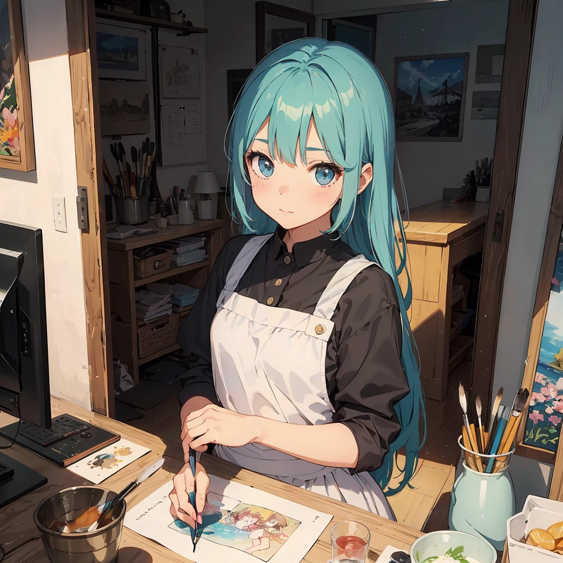 (One Girl, alone:1.4), Girl in light blue maid outfit,cute, (Little:1.6),cute女の子が初めて絵を描く感動的な瞬間を描いています。she、interior of art studio、Stand in front of the canvas、Pick up the brush。In those eyes、A mixture of expectation and a little anxiety。 background、Masterpieces and art tools are carefully depicted.、They will enjoy this special moment even more.。It makes me feel the possibilities。 sheが筆をキャンバスに近づけた瞬間、The expression changes.。 The first brush transferred the color to the canvas、純粋な喜びと達成感がsheの顔に広がる。sheの創造性によって、新しい色と形に満ちたスポットにsheを美しく魅了する視覚効果、 ((Lighting Line Transparency Best Quality Best Work Concept Art.))、Beautiful illustrations, pastel colour, Illustration Style, Realistic texture, Realistic materials、Watercolor, 詳細なbackground, Three-dimensional effect and depth