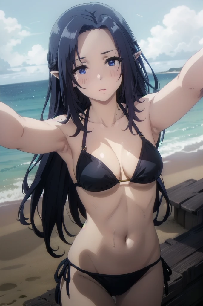 dark blue hair,,long hair,blue eyes,pointy ears,elf,(((bikini))),on the beach,blush,embarrasment