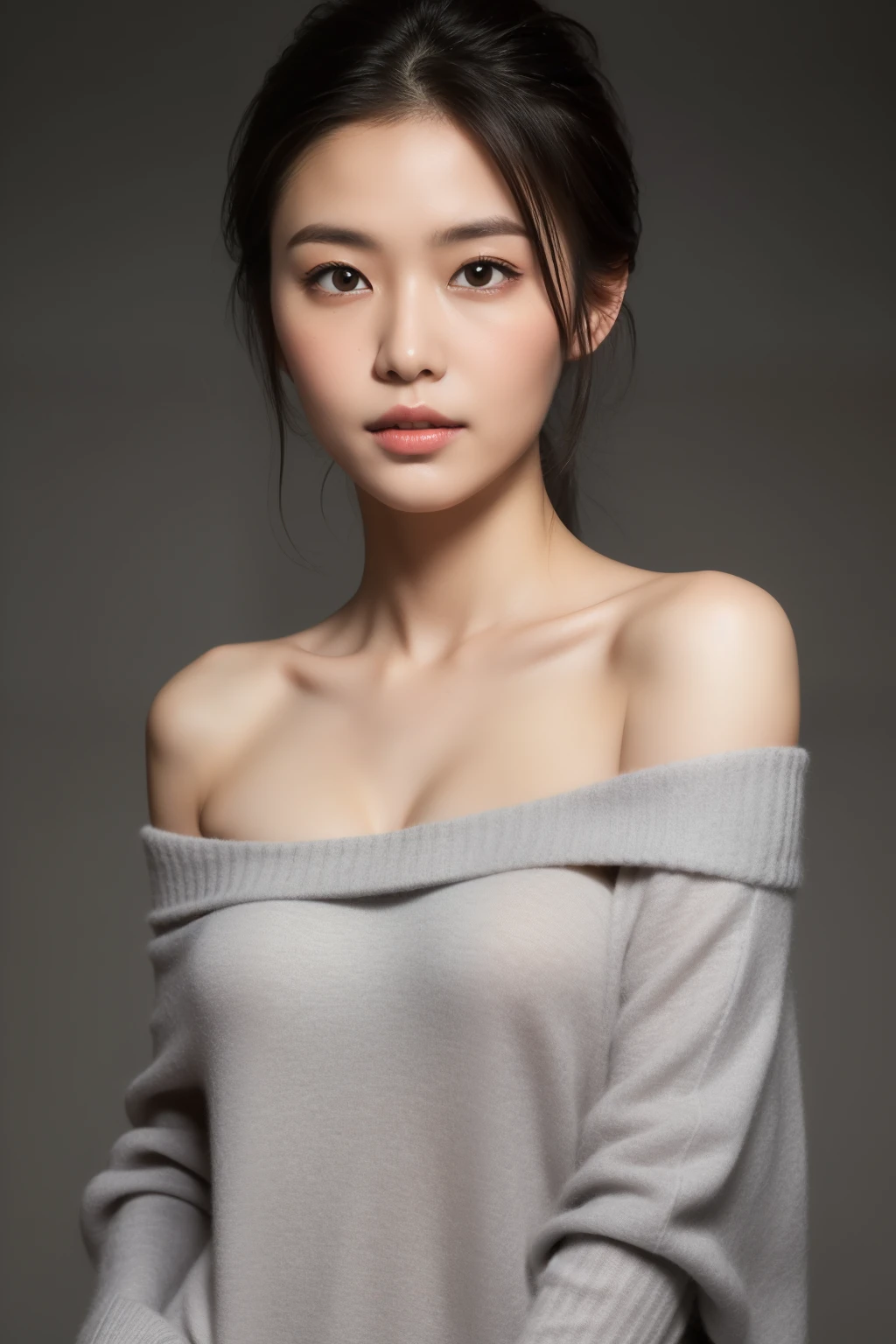 asian lady, She is wearing a soft white sweater relaxed neckline that casually ((drapes off one shoulder)), exposing slender shoulders with black bra trap, highlighted by the rays of light creating a radiant effect on her skin. , mid-shot , light rays, warm atmosphere , light through hair, ((mid-shot, full body, slender waist)), Hair Up Do、 Glowing eyes, nose blush, Carl Larsson, Alfonse Mucha, Chiaroscuro, Film Glenn, reflective light, (((long-Shot))), knee to top,longshot show (((full body))), masterpiece, high details, ((gray background, studio light ))