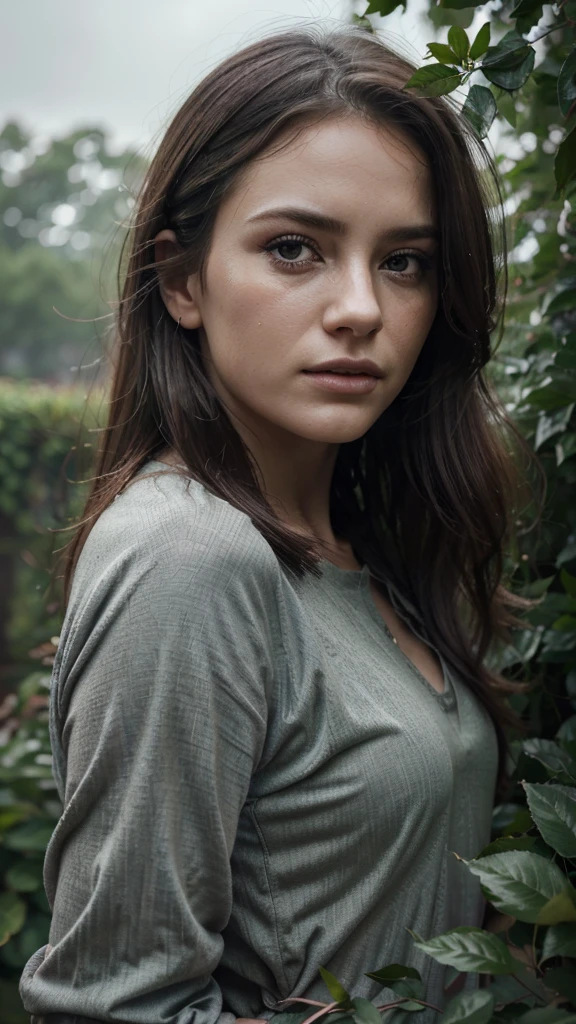 a rainy garden, a girl with tears in her eyes, windblown leaves, (best quality,4k,8k,highres,masterpiece:1.2),ultra-detailed,(realistic,photorealistic,photo-realistic:1.37),detailed facial features,beautiful detailed eyes,beautiful detailed lips,extremely detailed eyes and face,longeyelashes,emotional portrait,melancholic atmosphere,dramatic lighting,moody colors,muted tones,overcast sky,windswept hair,detailed foliage,lush greenery