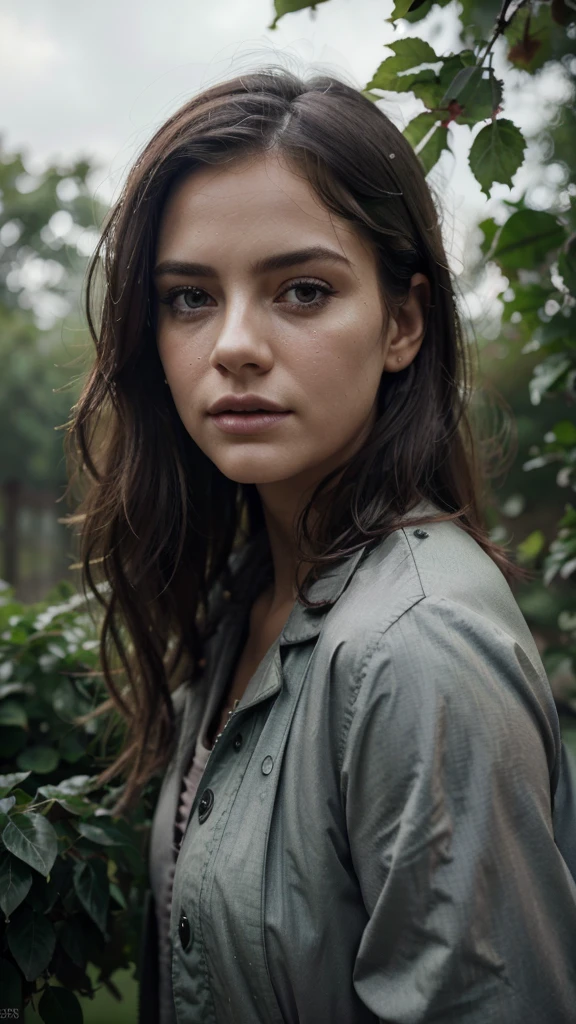 a rainy garden, a girl with tears in her eyes, windblown leaves, (best quality,4k,8k,highres,masterpiece:1.2),ultra-detailed,(realistic,photorealistic,photo-realistic:1.37),detailed facial features,beautiful detailed eyes,beautiful detailed lips,extremely detailed eyes and face,longeyelashes,emotional portrait,melancholic atmosphere,dramatic lighting,moody colors,muted tones,overcast sky,windswept hair,detailed foliage,lush greenery
