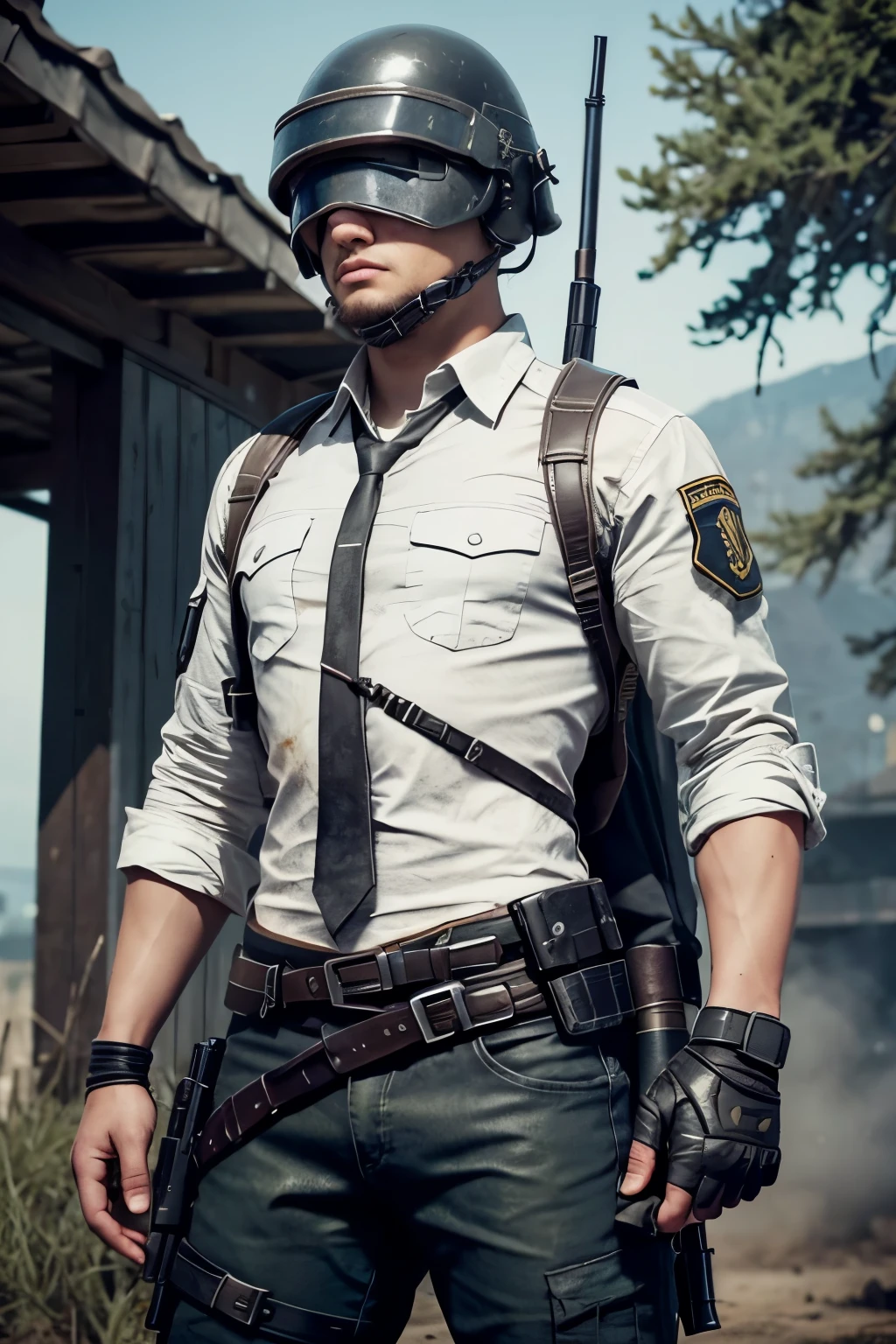 Battle-Hardened Boy in BGMI (PubG) Game Character, Engaged in Battle:
This detail-oriented illustration showcases a youthful, battle-ready character within the BGMI (PubG) game world. He's positioned at the tree level, armed with a helmet, a white shirt, a Jinsh coat, black boots, and even a touch of tactical camouflage paint. His attire is carefully designed with numerous pockets, belts, and gadgets hanging, hinting at his preparedness for any situation. A sense of action is captured as he focuses intently on his battle, his eyes gleaming with determination. The background vividly portrays a lush