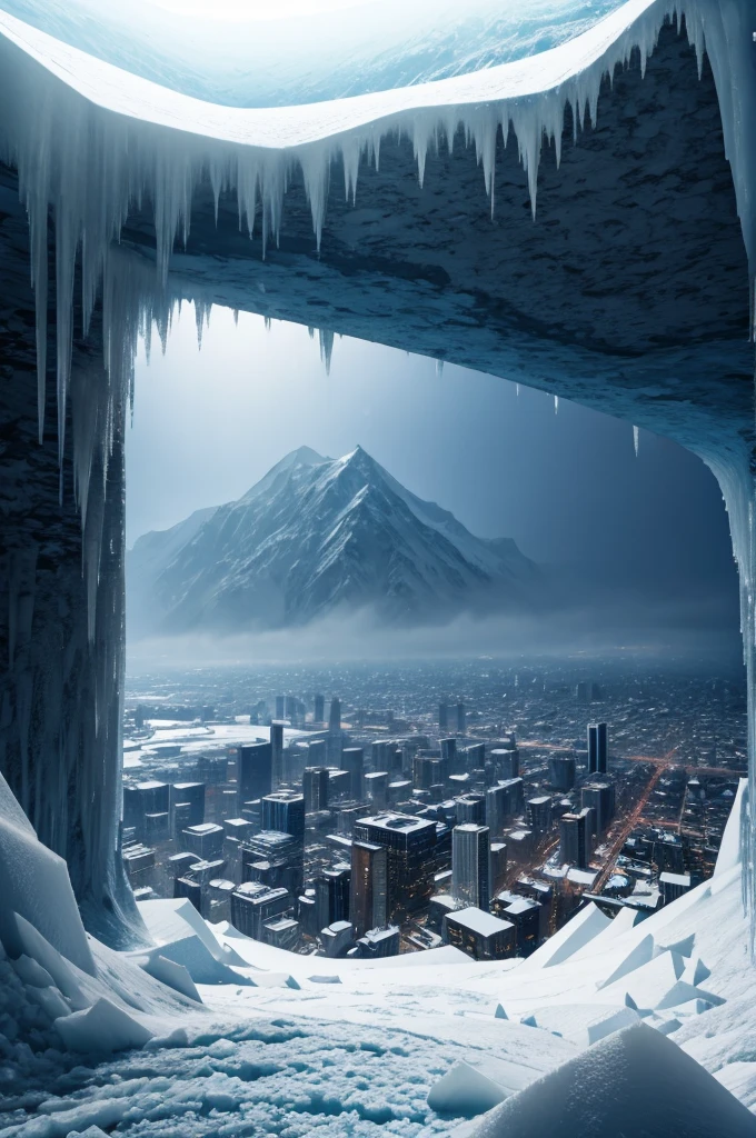 city inside of icy mountain, from outside