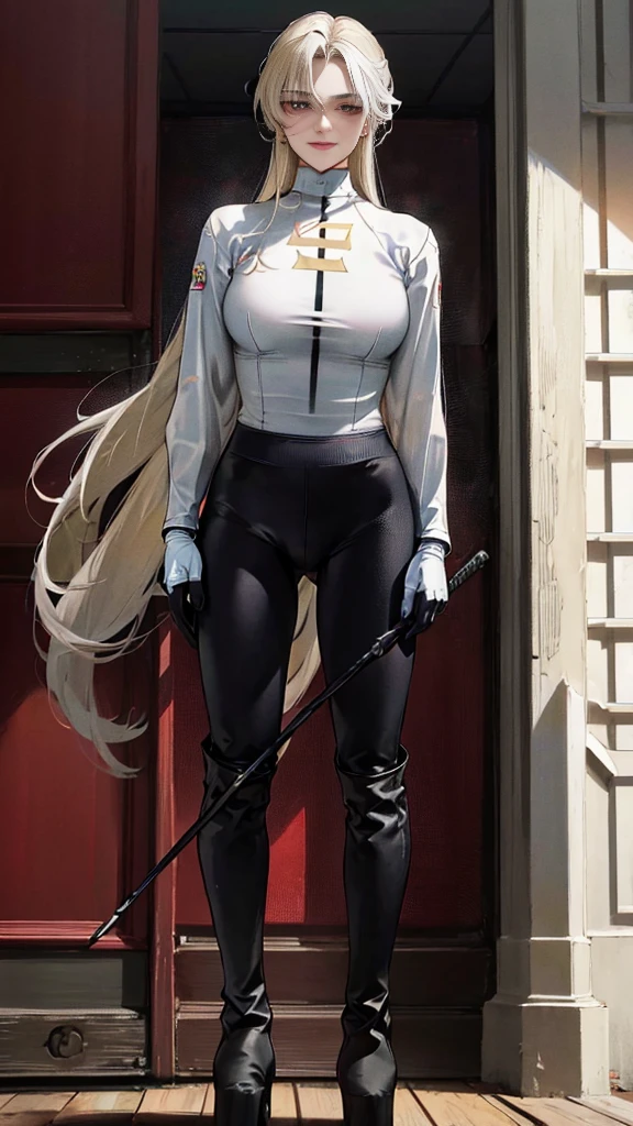(highest resolution, distinct_image) best quality, a woman, solo, masterpiece, highly detailed, semi realistic, blonde hair, bangs, 18 years old, mature, young, tall strong, uniform, military uniform( large indoor background), cold, serious, tall, handsome, autocratic, powerful, exquisite facial features, exquisite facial features, (full body)(black knee-high boots:1.4)(dominatrix:0.3)(white Yoga pants:1.3),(gloves:1.5)(long sleeves),(active sportswear shirt),solo,1girl,(looking at viewer),(from below:0.9)(head turned upwards:0.3)(smiling:0.4)(bodysuit:0.3)(holding riding crop:1.2)(muscular:0.8)(shirt tucket in pants)(parquet flooring)(standing on floor)(pretty eyes)(staring)(yandere), red eyes, white hair, superior smirk, smiling, devious