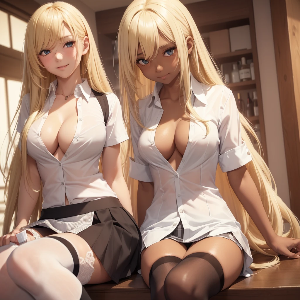 1girl only ,  smile, ((blond long hair,Between dates.)),(( open shirt, white collared shirt)), ((Cleavage is visible.)), medium breasts, skirt,((thigh-high socks)), shy, blushing, 1girl,((tan, dark skin)),((short sleeves))