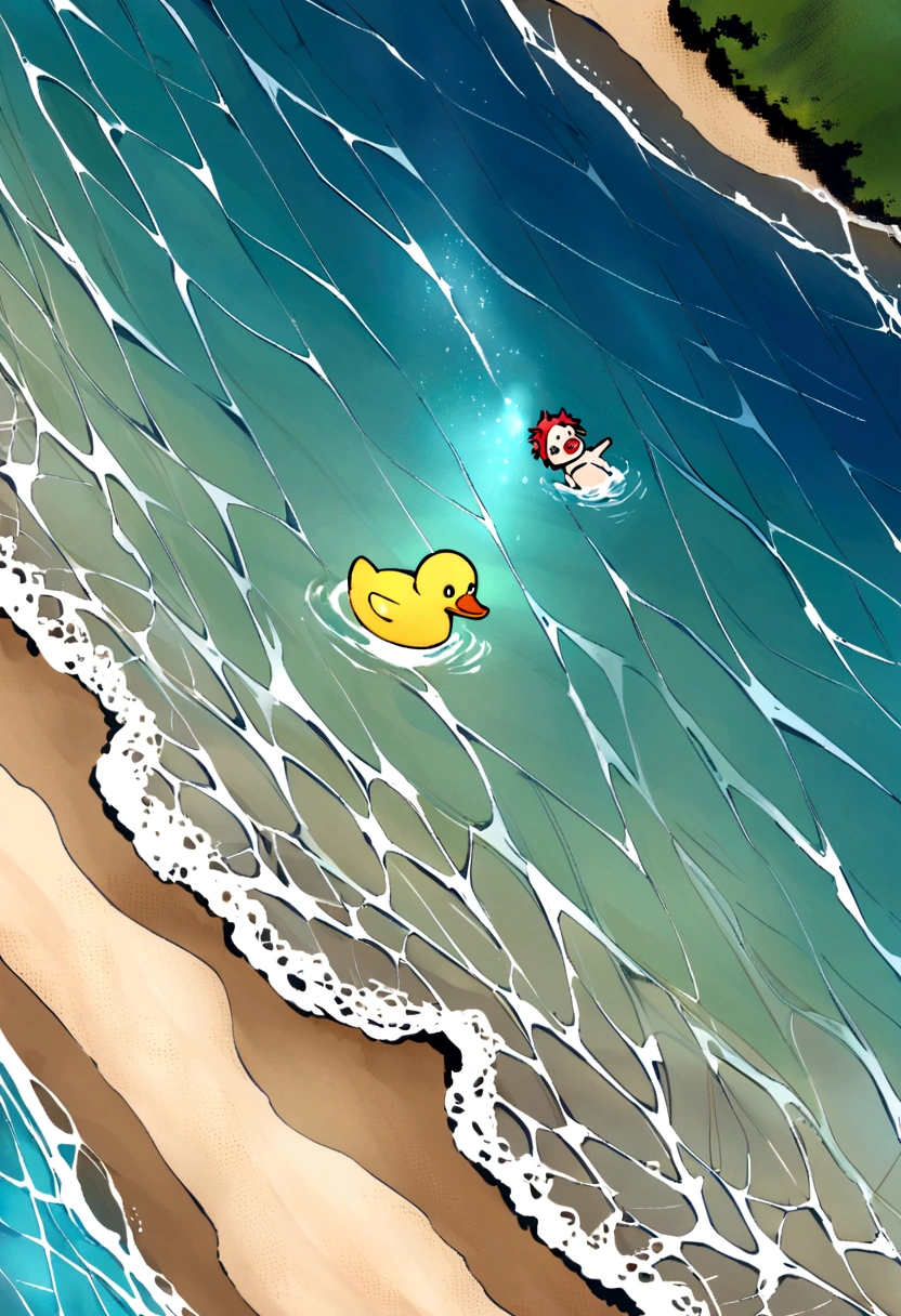 angry baby duck swiming at the beach on a sunny day, children swiming arround the baby duck, muito colorido, Dutch Golden Age painting, sparkle, glowing light, god rays, satellite image, textured skin