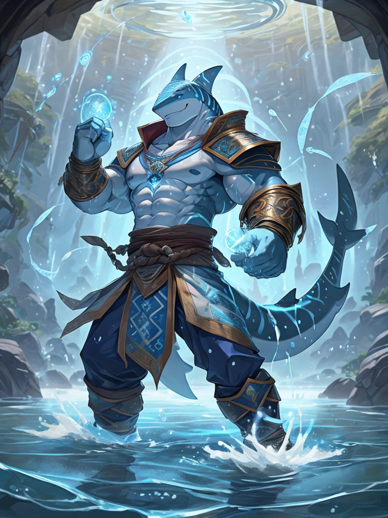 masterpiece, Anthropomorphic whale shark, White belly,the of beautiful shark body,1 tail, very muscular body, nice body shape,Water magic,water runes, Water system, bender, ((martials art cloth)), fighting pose, correct body proportions, extremely satisfied background