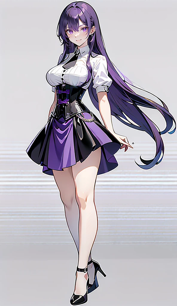 Purple Hair,Long Hair,Adult female,White Y-shirt,((Roll up her sleeves)),(((Roll up your sleeves))),(corset),(Black tight skirt),(High heels),((A simple, blank white background)),smile,((full body)),((whole body)),