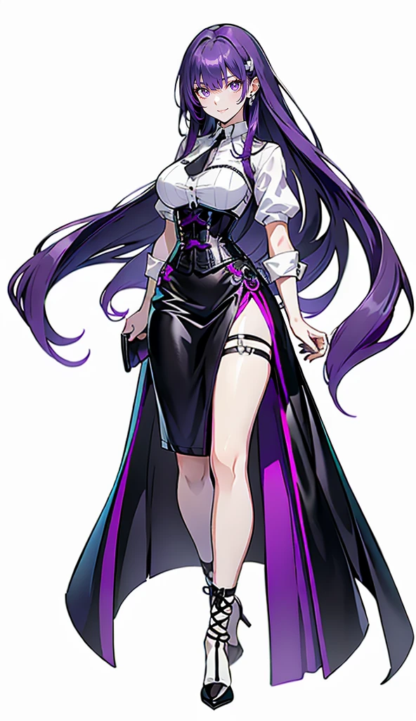 Purple Hair,Long Hair,Adult female,White Y-shirt,((Roll up her sleeves)),(((Roll up your sleeves))),(corset),(Black tight skirt),(High heels),((A simple, blank white background)),smile,((full body)),((whole body)),