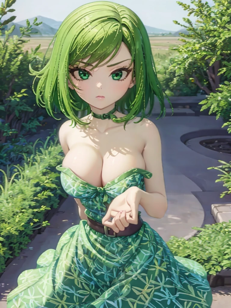 1girl, solo, beautiful girl, green skin, green eyes, big eyes, long eyelashes, green hair, short hair, shiny hair, medium breasts, green dress, strapless dress, floral print dress, green belt, purple scarf, green leggins, looking at viewer, bare arms, bare shoulders, disgust face, narrow waist, big butt, violet lips, lip gloss, perfect hands, perfect anatomy, dress pull, breast slip, nipple slip, puffy nipples, topless,