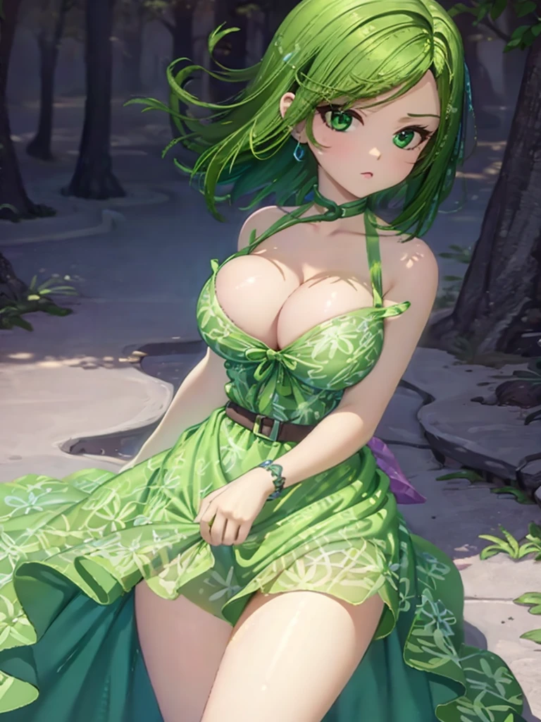 1girl, solo, beautiful girl, green skin, green eyes, big eyes, long eyelashes, green hair, short hair, shiny hair, medium breasts, green dress, strapless dress, floral print dress, green belt, purple scarf, green leggins, looking at viewer, bare arms, bare shoulders, disgust face, narrow waist, big butt, violet lips, lip gloss, perfect hands, perfect anatomy, dress pull, breast slip, nipple slip, puffy nipples, topless,