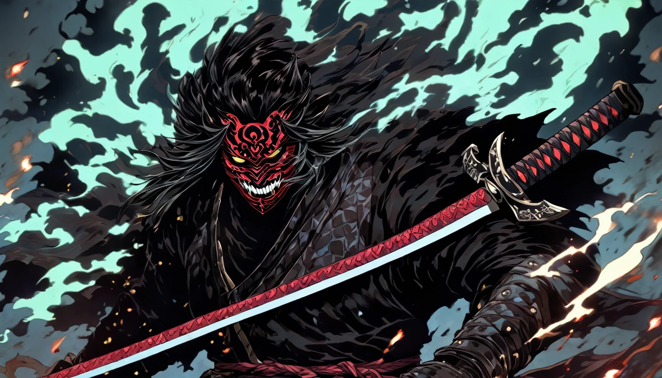 demon mask, sword on the hand,close up, black heavy detailed clothes, hand katana, art, dark and malevolent, hand sword, armor, powerful and intimidating, (masterpiece, best quality, ultra-detailed, best shadow), (detailed background, dark fantasy) dramatic light, intricate details, dark and malevolent, powerful and intimidating, Dark and foreboding, malevolent force, sinister and chilling, armor, high detailed background, girl in demon slayer art, demon slayer art style, epic anime art, God death