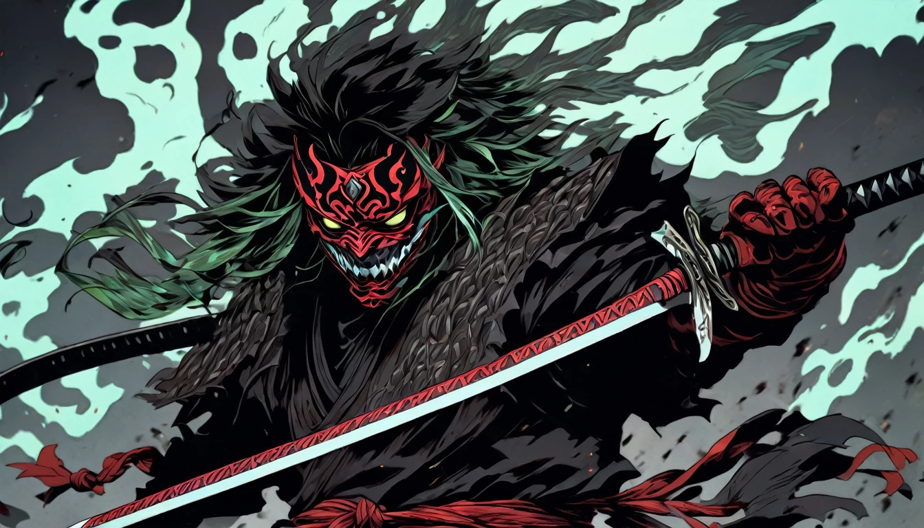 demon mask, sword on the hand,close up, black heavy detailed clothes, hand katana, art, dark and malevolent, hand sword, armor, powerful and intimidating, (masterpiece, best quality, ultra-detailed, best shadow), (detailed background, dark fantasy) dramatic light, intricate details, dark and malevolent, powerful and intimidating, Dark and foreboding, malevolent force, sinister and chilling, armor, high detailed background, girl in demon slayer art, demon slayer art style, epic anime art, God death