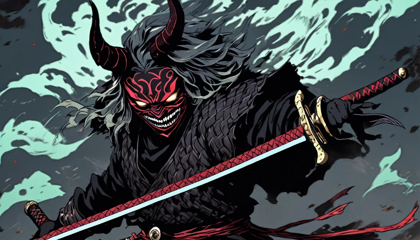 demon mask, sword on the hand,close up, black heavy detailed clothes, hand katana, art, dark and malevolent, hand sword, armor, powerful and intimidating, (masterpiece, best quality, ultra-detailed, best shadow), (detailed background, dark fantasy) dramatic light, intricate details, dark and malevolent, powerful and intimidating, Dark and foreboding, malevolent force, sinister and chilling, armor, high detailed background, girl in demon slayer art, demon slayer art style, epic anime art, God death