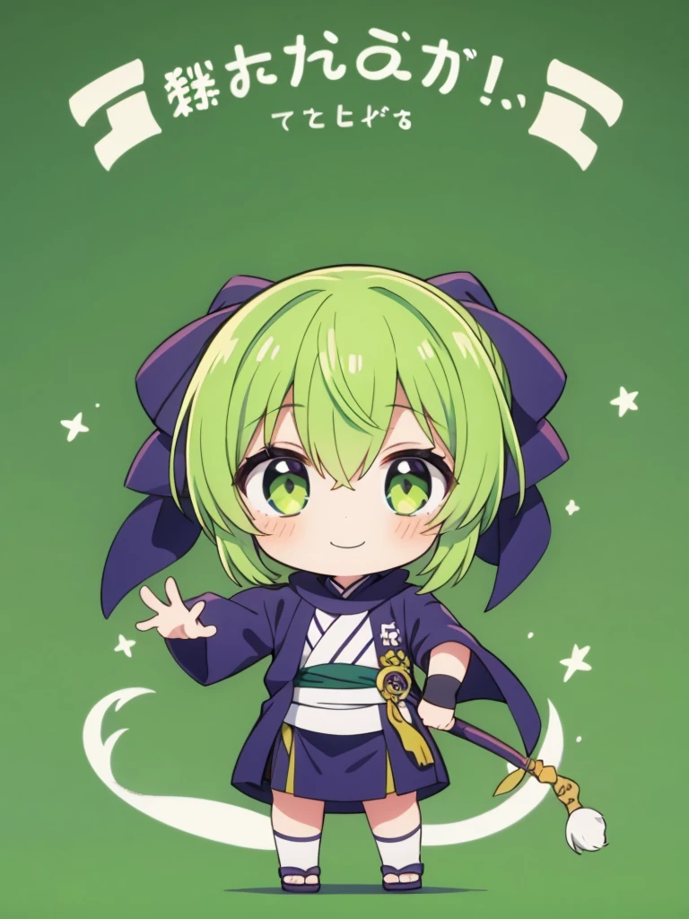 1boy,ninja,chibi,upright,green background,smile