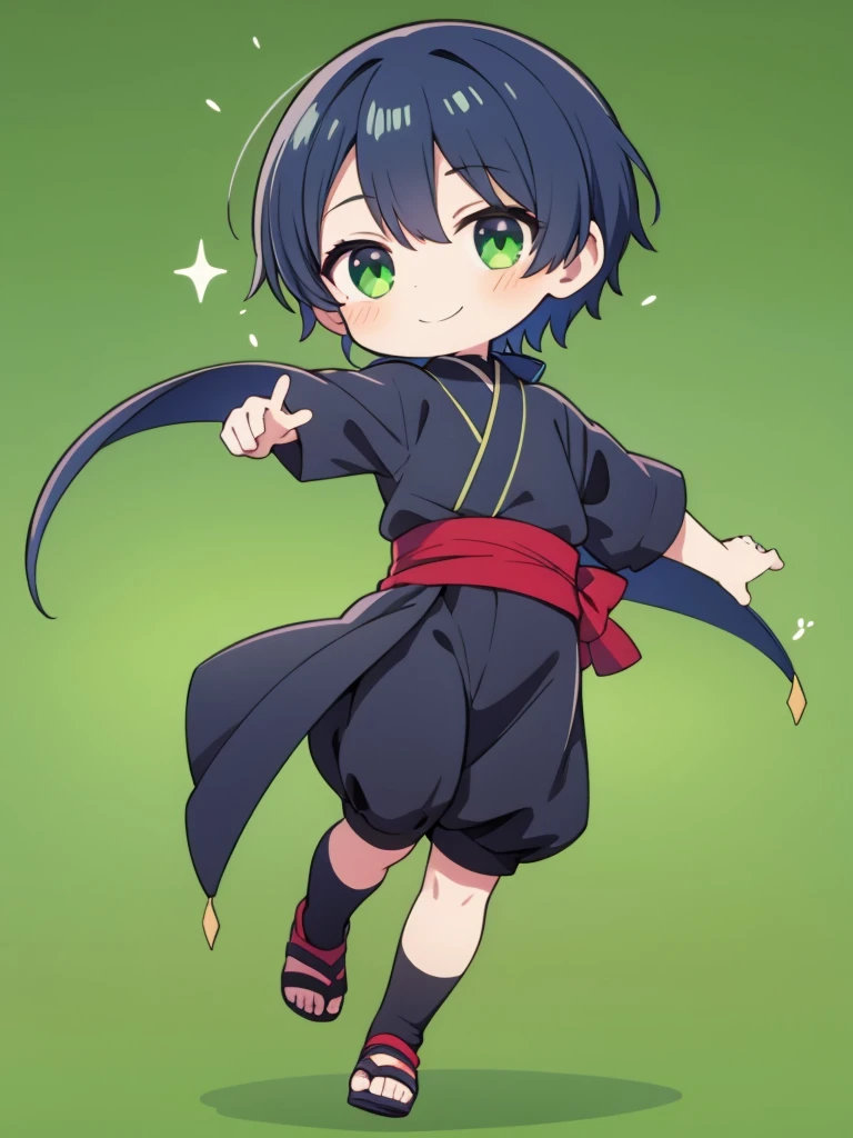 1boy,ninja,chibi,upright,green background,smile