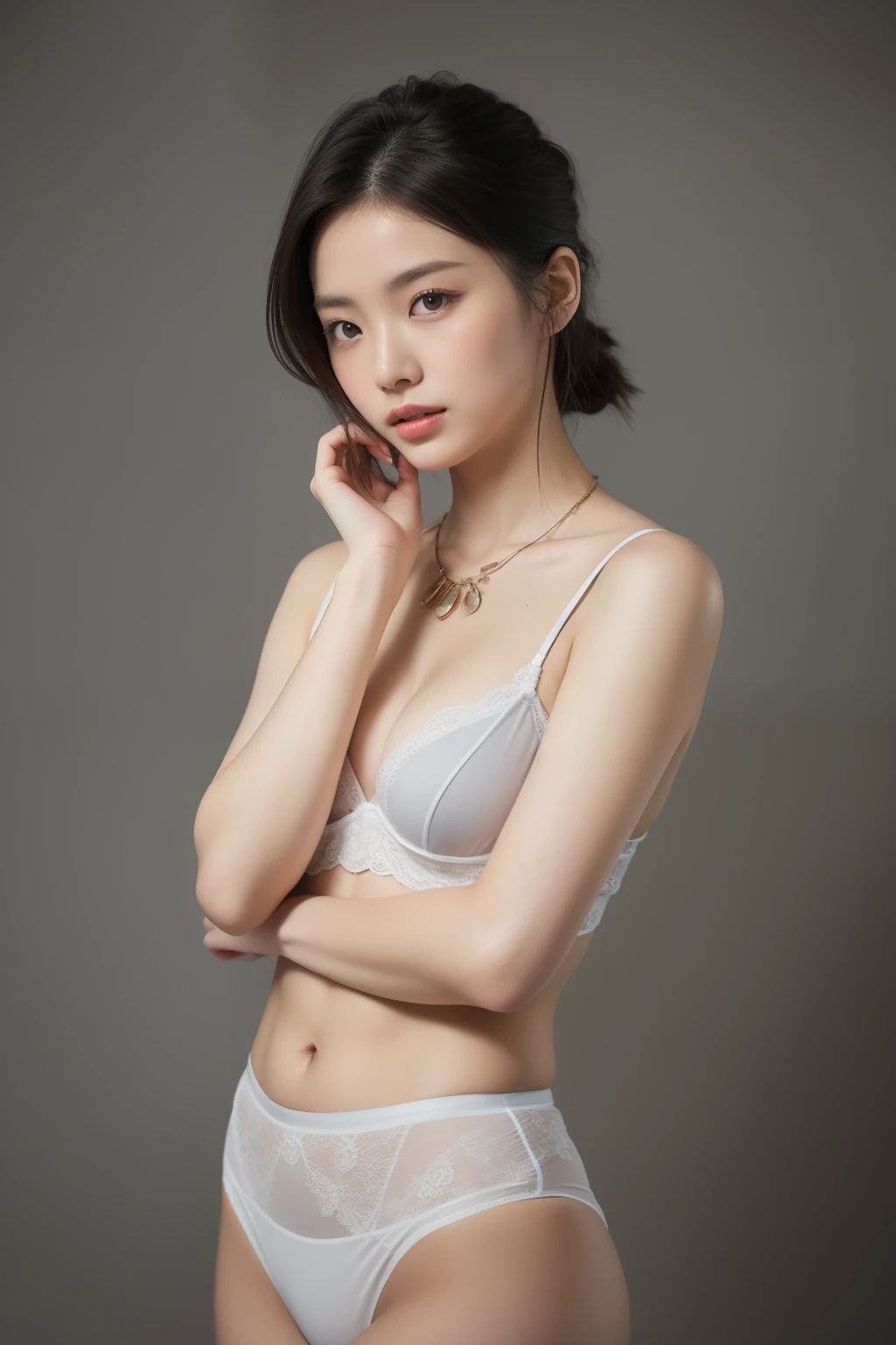 asian lady (She is put her hands behidn, reveal her white lingerie), necklace, small breast, rounded shape breast, covered shirt((she)), ((mid-shot, full body, slender waist)), Hair Up Do、 Glowing eyes, nose blush, Carl Larsson, Alfonse Mucha, Chiaroscuro, Film Glenn, reflective light, (((long-Shot))), knee to top,show ((())), masterpiece, high details, ((gray background, studio light )) touch strap 