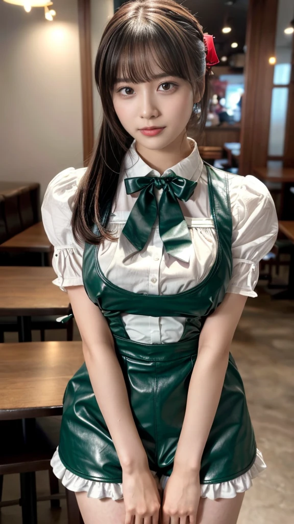 masterpiece, best quality, illustration, Super detailed, fine details, High resolution, 8K,wall paper, perfect dynamic composition, front view, close up, 18 year old girl, Gravure Idol, cute type, (Details High quality, realistic depiction of eyes:1.3), revealing clothes, low ponytail, bangs, black hair color, Dark makeup, Big Natural Color Lip, Emphasize the size of the breast, sexy body, perfect body shape, plump figure, (huge breasts:1.1), Black leather jacket, BREAK (fusion of dirndl and short sleeve white collared-shirt with neck ribbon:1.4), ((A-line, underboobs, puff sleeves):1.3), ((deep-green Pinafore):1.3), thighs skin, Restaurant, Serving customers inside the restaurant.