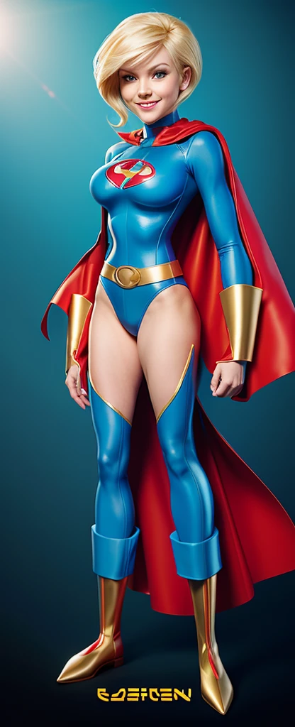 The character Power Girl, perfect and traditional costume, bright blue yes, red cape, blond hair, smooth curves, extremely beautiful e realistic anatomy, beautiful smile