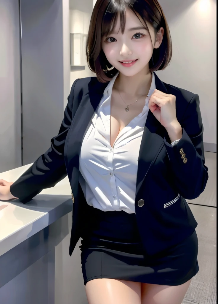 Black mini skirt,White shirt,Black jacket、26 years old,Realistically,Japanese girl,Amazingly cute、joy,smile,(White skin),,Red Short Hair、(Very good)、A big bust that seems to burst、Shine,Hitomi chubby body type、Pink Wear、Inviting eyes、