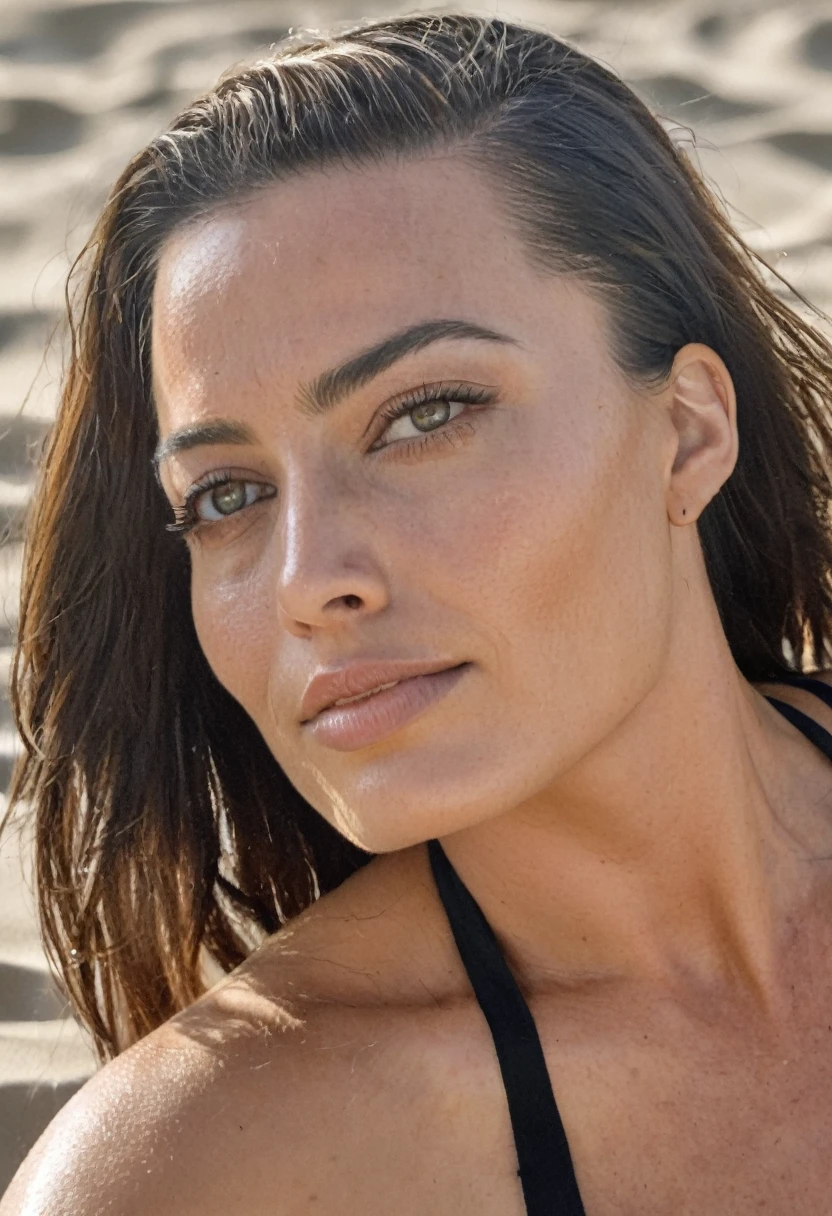  high quality  portrait Erotic paparazzi photo , 40yo woman ( Magrot Robbie, beach side , photorealistic , celebrity , black  color hair ,random click, dramatic and erotic lighting , woman , oily skin texture ) sunbathing , shiny sweaty skin , sexualized move, erotic angles, sweaty  flat breas,t celebrity erotic photograph  , oily , shiny sweaty skin, on beach,  celebrity, female,  woman, hollywood actress , fleshy muscular woman  , ( natural lights, depth of field, detailed face , insanely detailed skin texture, hyper detailed features )