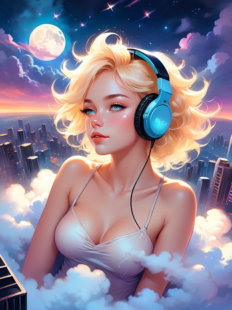 a beautiful 20 year old blonde nude woman with big messy hair, with headphones on her ears, laying on a fluffy cloud, floating gracefully over a small city, cityscape, twinkling stars and glowing moon at night, cute detailed digital art, colorfull digital fantasy art, digital fantasy art ), glossy digital painting, rossdraws pastel vibrant, rossdraws 2. 5, rossdraws 1. 0