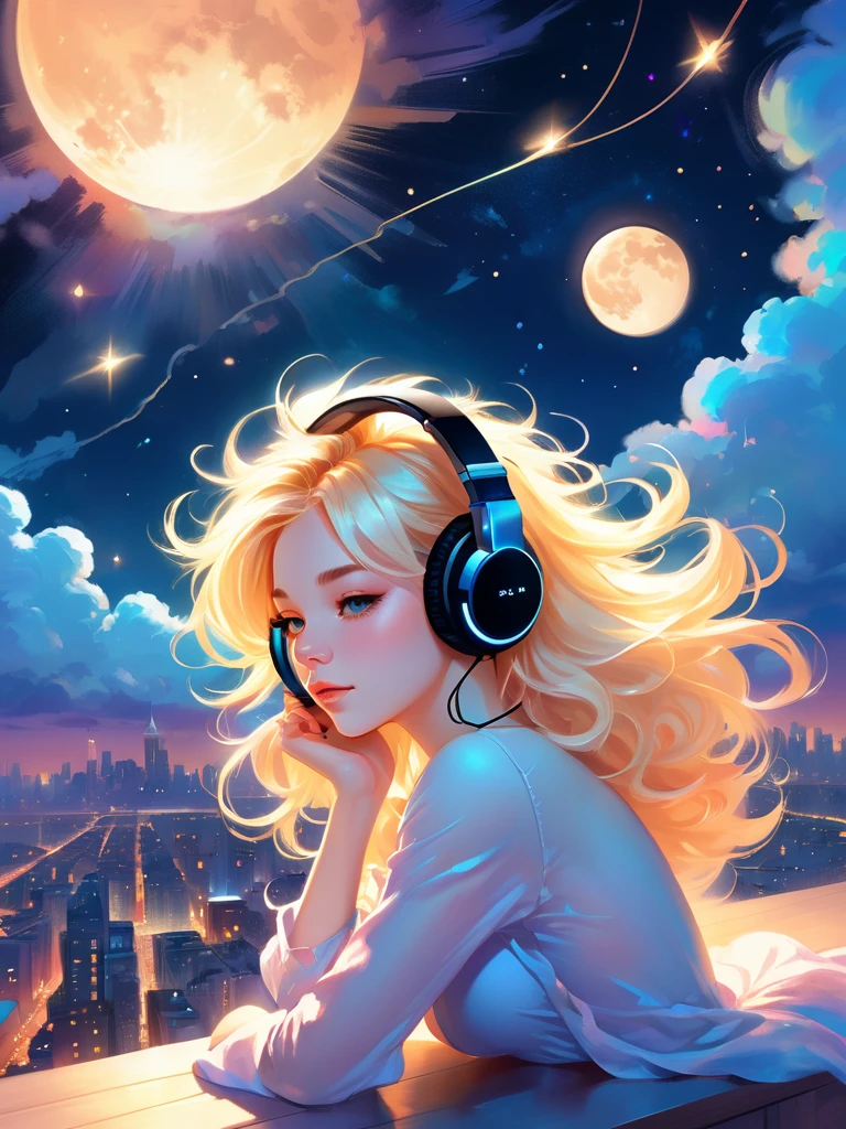 a beautiful 20 year old blonde nude woman with big messy hair, with headphones on her ears, laying on a fluffy cloud, floating gracefully over a small city, cityscape, twinkling stars and glowing moon at night, cute detailed digital art, colorfull digital fantasy art, digital fantasy art ), glossy digital painting, rossdraws pastel vibrant, rossdraws 2. 5, rossdraws 1. 0