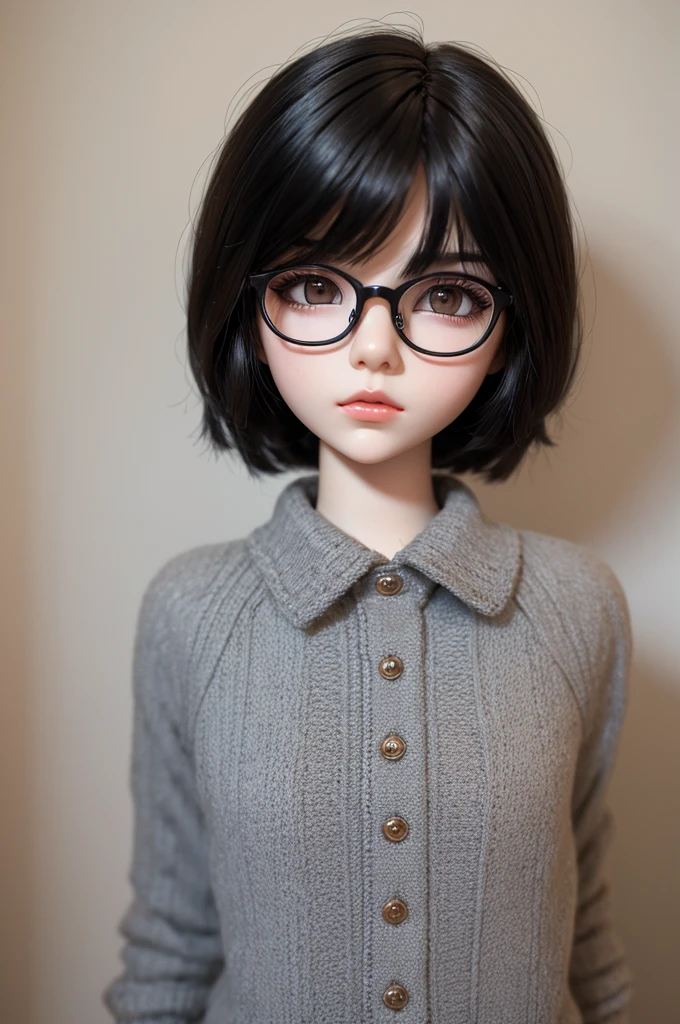 blythe doll short dark tomboy style hair, glasses, dark eyes, just the face