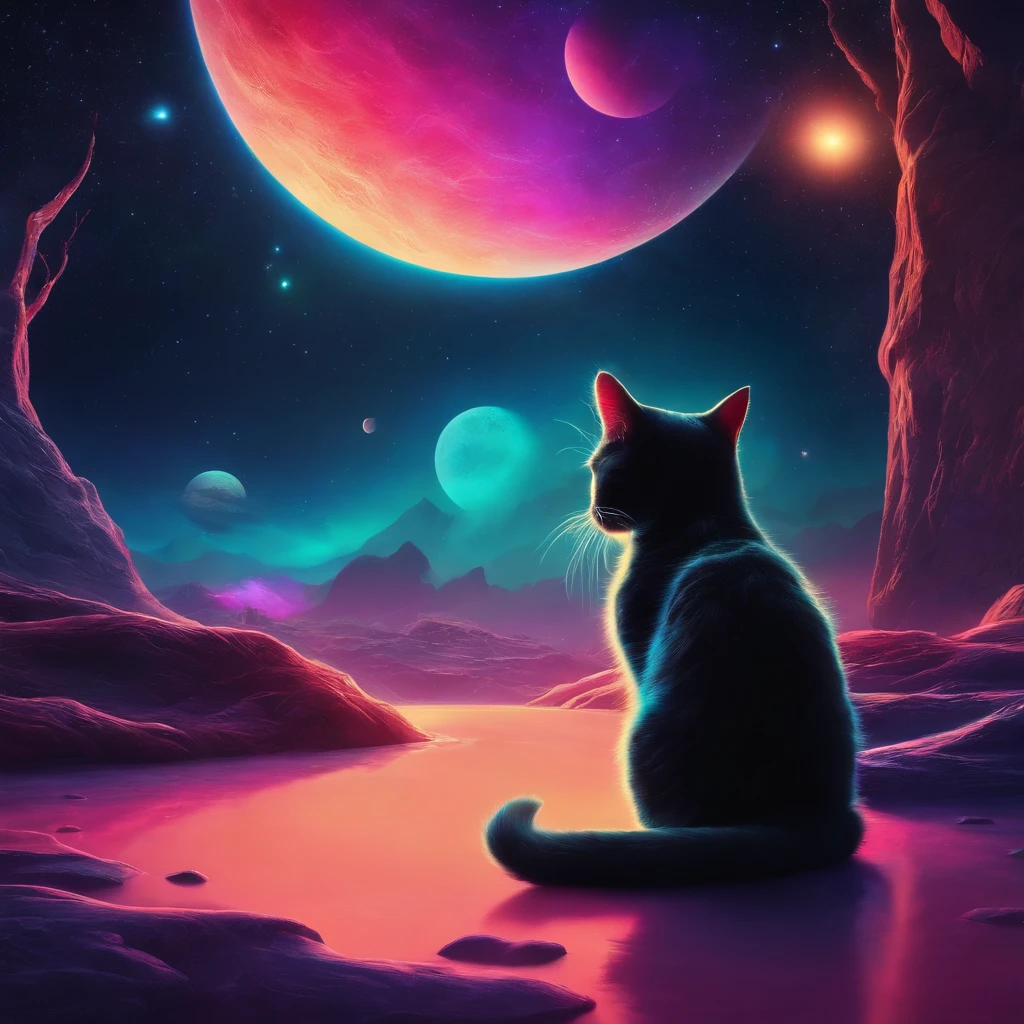Background: neon space There is a cat in the middle ground, who sits on our right side
