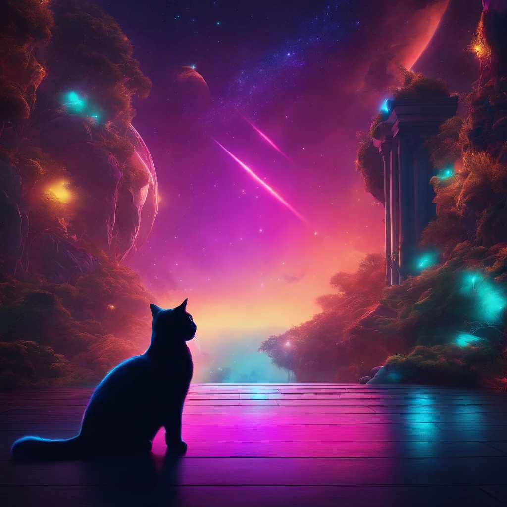 Background: neon space There is a cat in the middle ground, who sits on our right side
