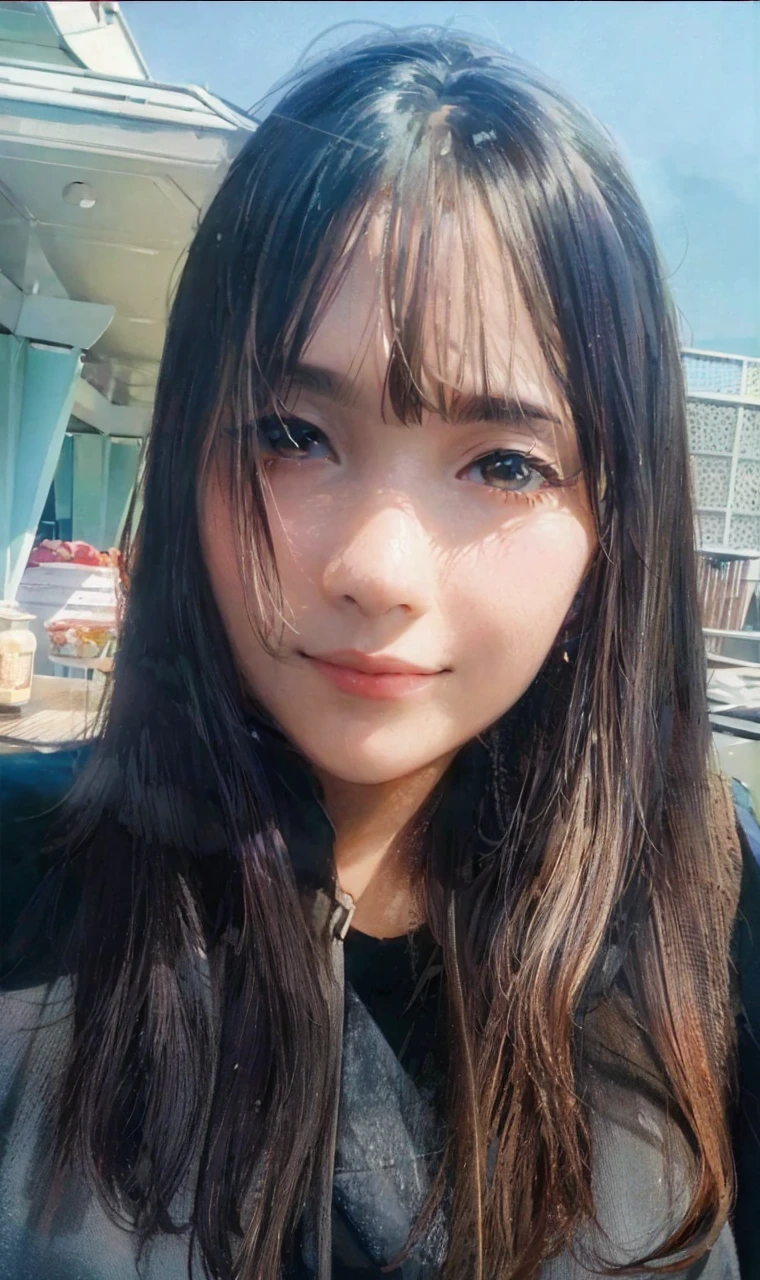 Take a round-the-world cruise on a luxury cruise ship　Large luxury cruise ships passing each other　Beautiful girl looking at the cruise ship　A port where large luxury cruise ships pass by　Light blue long hair　A beautiful girl with twin tails　Bright smile　