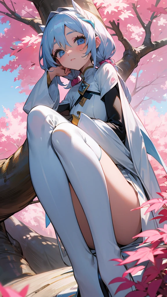 Une fille avec des long cheveux blancs,Blue eyes,she sits at the foot of a giant tree with pink leaves