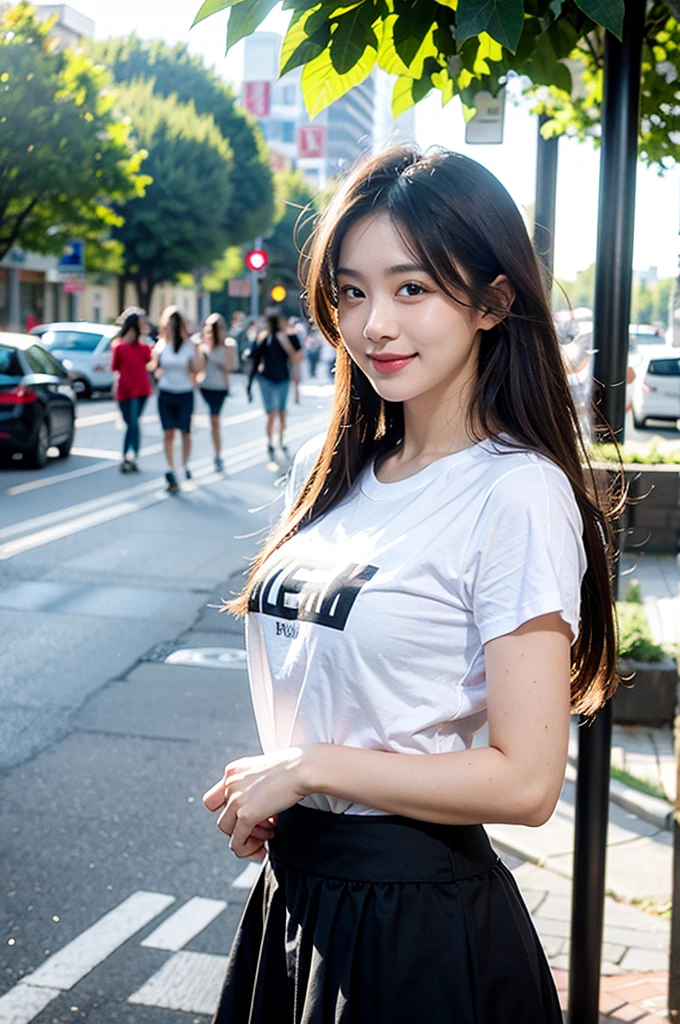 Top quality, 1 beautiful woman, long Hair, brown hair, wearing t-shirts & skirt, shy-smile, Sunlight, at street