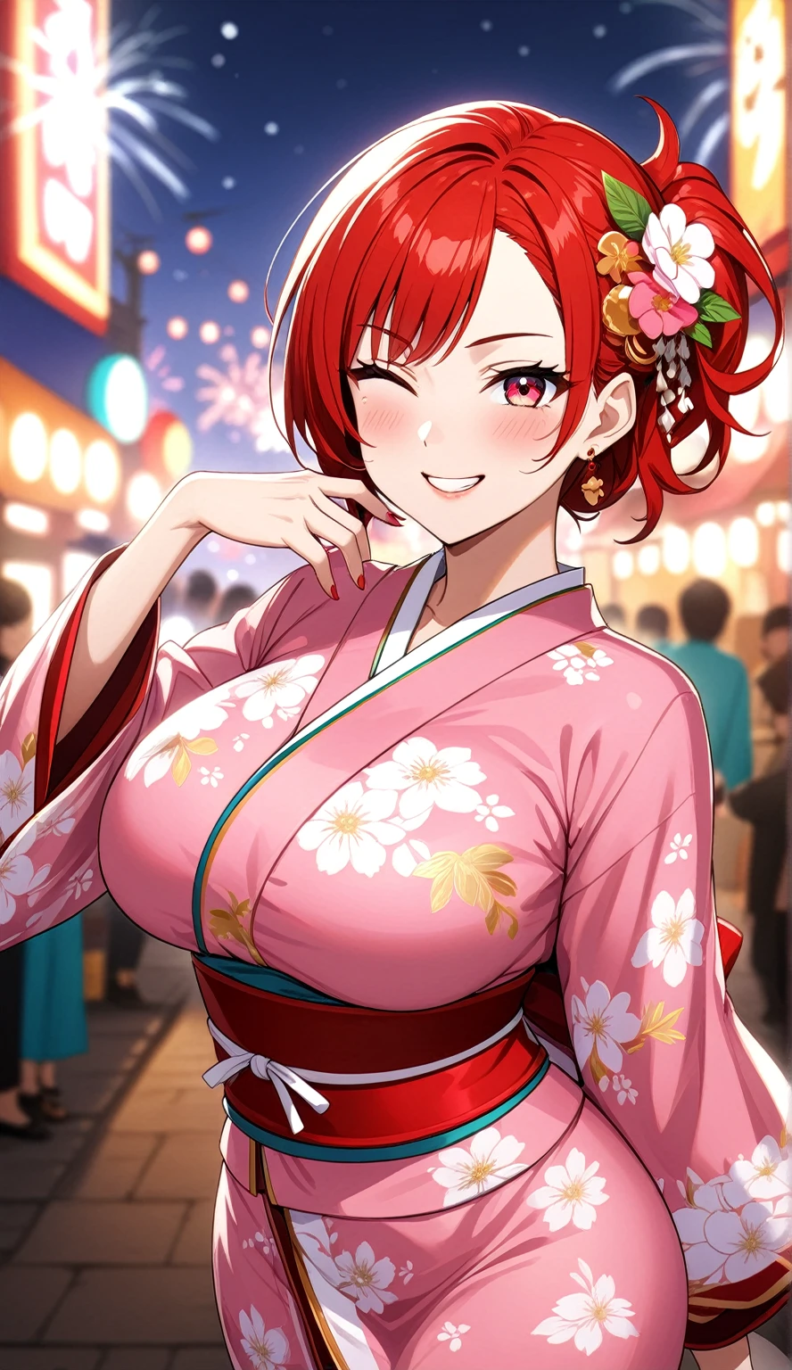 (One personの女性)), Beautiful Face, (Laughing embarrassedly), ((smirk)), ((Wink:1.8)), Laugh with your mouth wide open,((Bright red cheeks:1.4)),Shiny red lips, night,rooftop,Festivals, firework,Glossy red lips,Facial lighting,((Anime style background)),masterpiece, Highest quality, so beautiful,up to date, Complex details, ((midriff peek)), (Pink long nails), (ring),(bracelet),(choker),AI-generated, Complex,High resolution, Highest quality, super high quality,3D Images、3D Images,One person,Long Hair,Blonde side ponytail, (Turquoise Eyes), ((Fine grain、Colorful eyes、Shining Eyes:1.4)), (Squint your eyes:1.1), 写真のポーズをとるAnime Women, a hyperRealistic , hyperRealistic , Realistic,Anime Women, Smooth anime CG art, A woman in a colorful kimono with gold embroidery, (Pink long sleeve kimono), Red floral pattern,Long flower hair ornament,Earrings,Mature Body,(Big Breasts:1.1),Tall,Abdominal muscles,Narrow waist,(Zoom in on face:1.5),(front view),