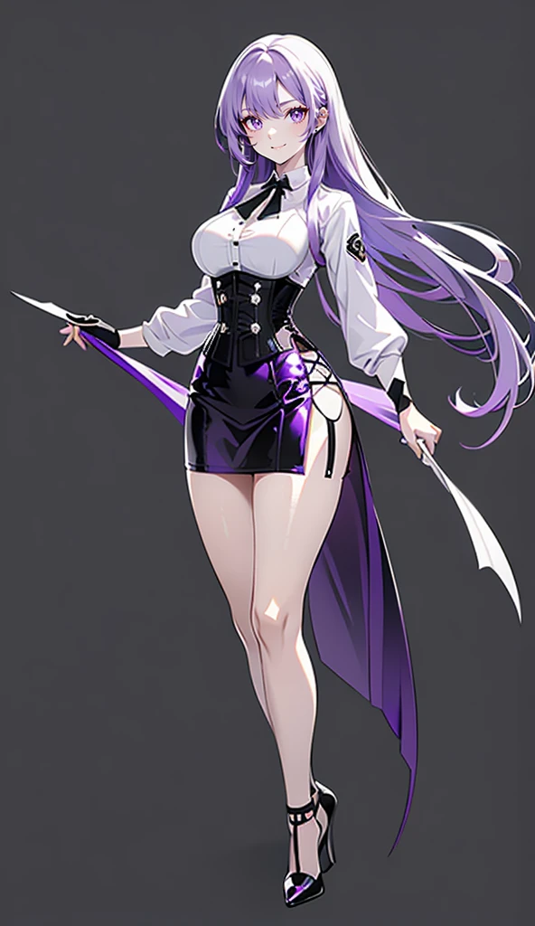 Purple Hair,Long Hair,Adult female,White Y-shirt,((Roll up her sleeves)),(((Roll up your sleeves))),(corset),(Black tight skirt),(High heels),((A simple, blank white background)),smile,((full body)),((whole body)),