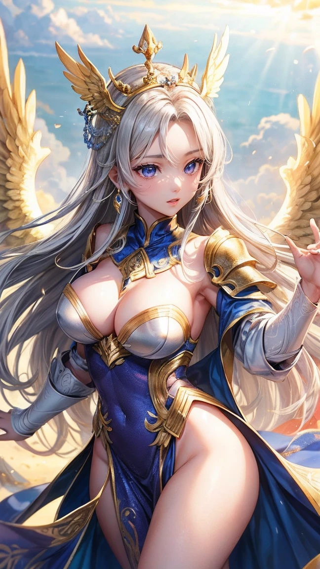 Qian Renxue, Young woman, deityธิดา, six wings, Golden wings, angel wings, long blonde hair, open forehead, crown forehead jewelry, crown on back of head, The eyes are detailed., light blue eyes, big breasts, light purple dress, golden chest armor, silver forearm armor, ดาบdeityสีทอง ยืน, Perfect Body, Beautiful thighs,solid frontal armor, high-heels, deityนิยาย, deity, realistically, top of the tower, sky