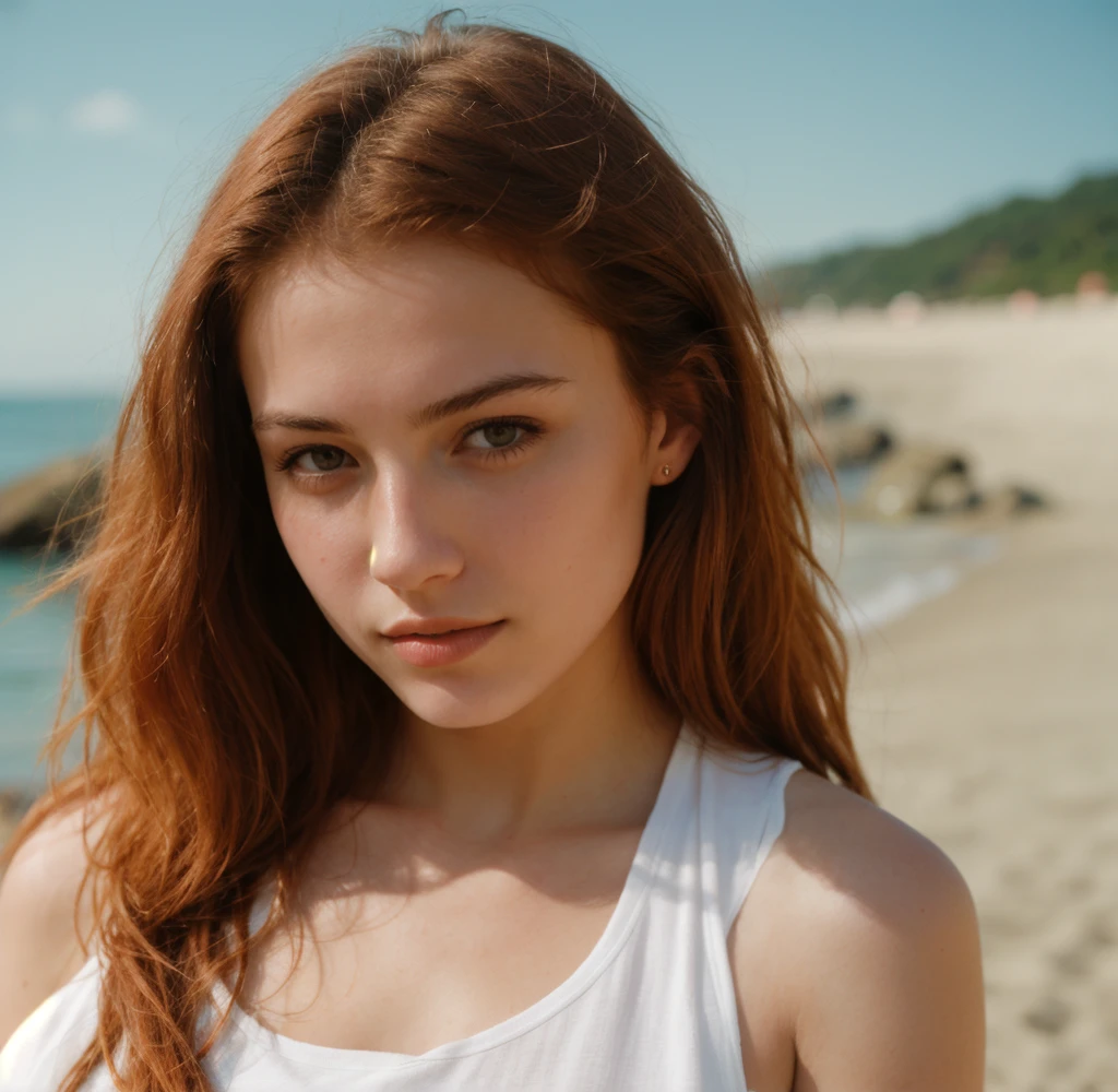 analog raw candid photo of a beautiful young woman, realistic skin texture, dirty red hair, slim, (closed mouth:1.1), erotic, relaxed, sun, summer, beach, 35mm