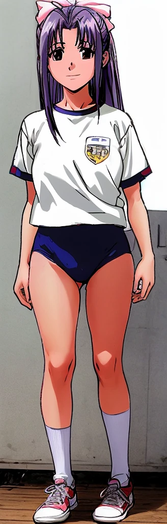 Momoko Koigakubo, a tall girl with beautiful legs, is wearing white gym clothes and light navy blue bloomers that look like panties, and is standing with her legs spread wide and smiling.。