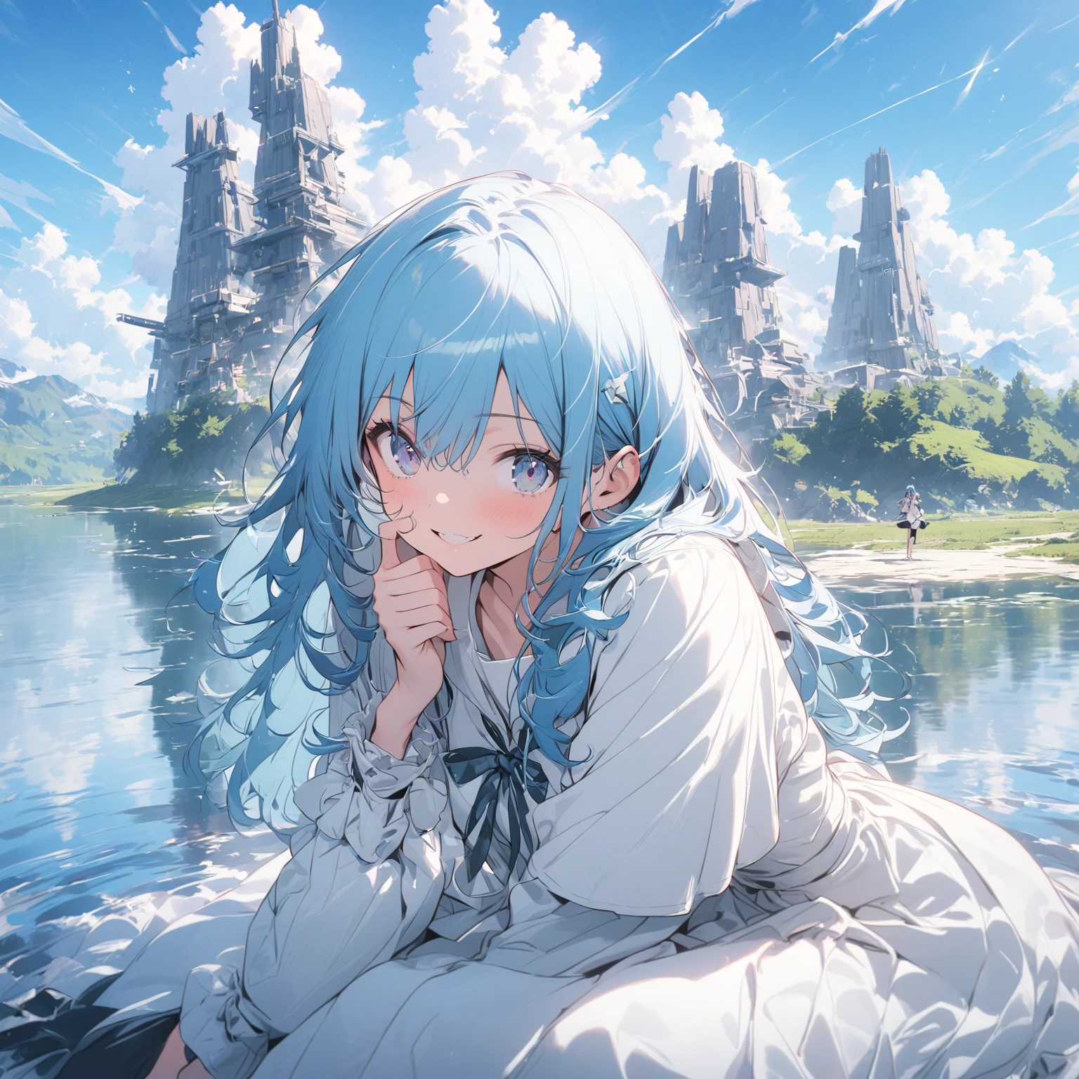 A girl,Blue Hair,Very energetic,Complete mission structure,Delicate face,(absurdres:1.1),full_shot,(posing:1.1),Sitting on the lake,Reflection