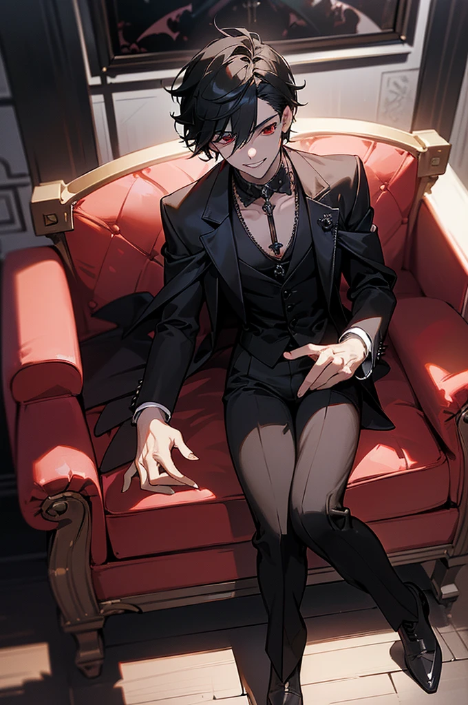 (full-body view), (tmasterpiece, high resolution, ultra - detailed:1.0), (1boy, Young male), perfect male body, (sexy male vampire:1.3), eyes look at the camera, delicate eyes and delicate face, extremely detailed CG, Unity 8k wallpaper, complicated details, solo person, detailed face, (red eyes, stylish and sexy menswear, metal necklace, sit on the sofa in a dark luxury room, modern costumes, (evil smile, grin), male model, (gothic theme:1.3), color difference, depth of field, dramatic shadow, ray tracing, best quality, offcial art, portrait,, (Jungkook)