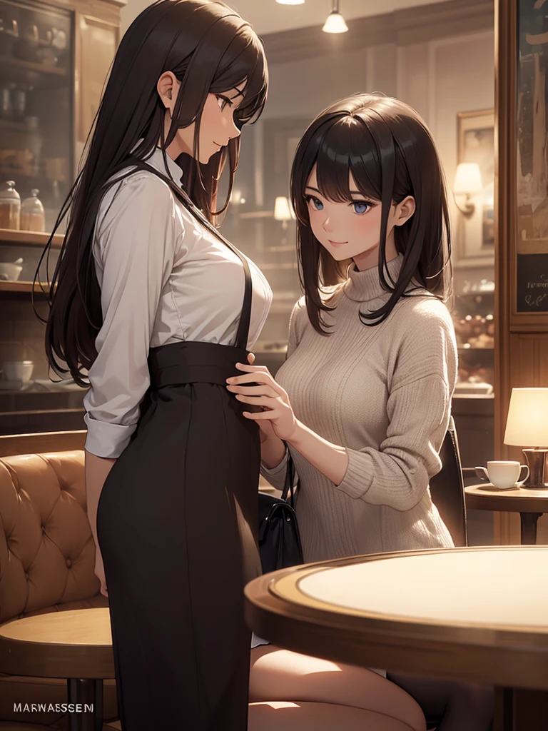 (​masterpiece、top-quality、hight resolution), A meeting scene set up through a dating site. The protagonist is surprised to see a kind and elegant married woman approaching him. She is dressed in fine, sophisticated clothing, smiles warmly, and addresses the protagonist using her dating site username. They are in a cozy café or park. There is a sense of unexpectedness and the awkwardness of being about to be raped by this person.