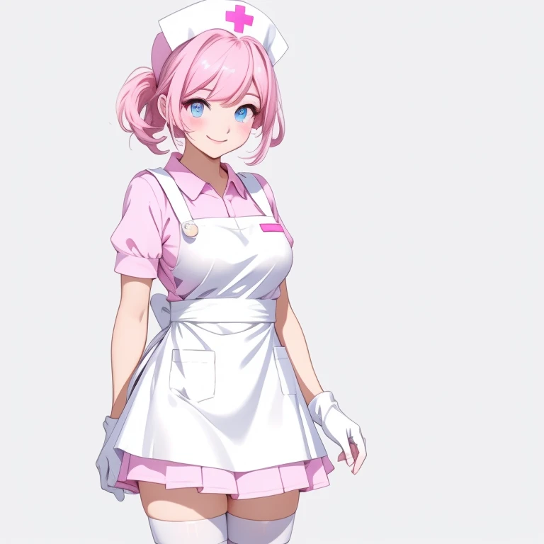 1girl, solo, nurse, nurse cap, pink collared dress, white apron, ((white legwear, zettai ryouiki)), white gloves, pink hair, blue eyes, drooping eyes, smile, standing, sharp outline, short sleeves, gray background, simple background, best quality, masterpiece