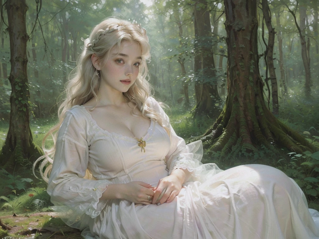 ((((3 women staring together)))), ((18 yo, close-up, portrait)) , fit , (young) , beautiful , (((pale skin, wavy white hair))), (((tight t-shirt, busty, dreamy, loving stare, magical fairytale fantasy atmosphere, magical fairytale forest, sexy))), flowers in hair, surrounded by flowers, happy, playful, ((large soft heavy breasts))